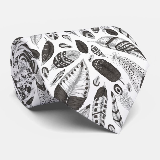 Cravate motif en plumes noir et blanc (Roulé)