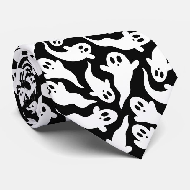 Cravate Motif fantôme d'Halloween noir et blanc (Roulé)
