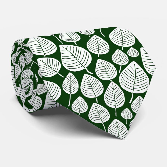 Cravate Motif feuille 02 - Blanc sur vert foncé (Roulé)