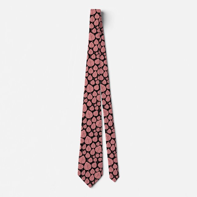 Cravate Motif feuille 02 - Rose doux sur noir (Devant)