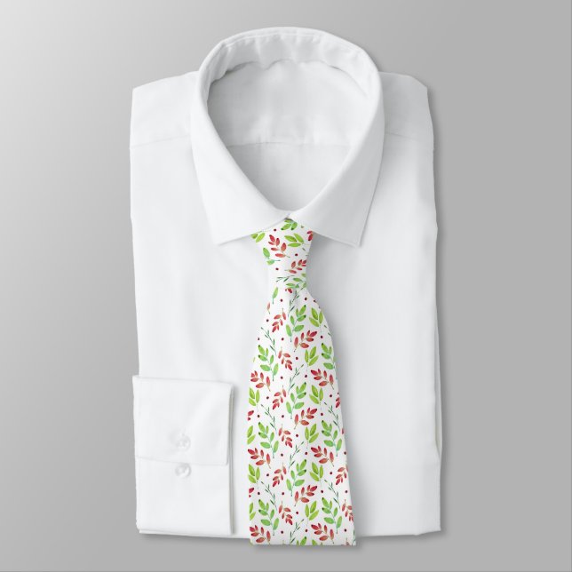 Cravate Motif Feuille mixte rouge, vert aquarelle (Attaché)