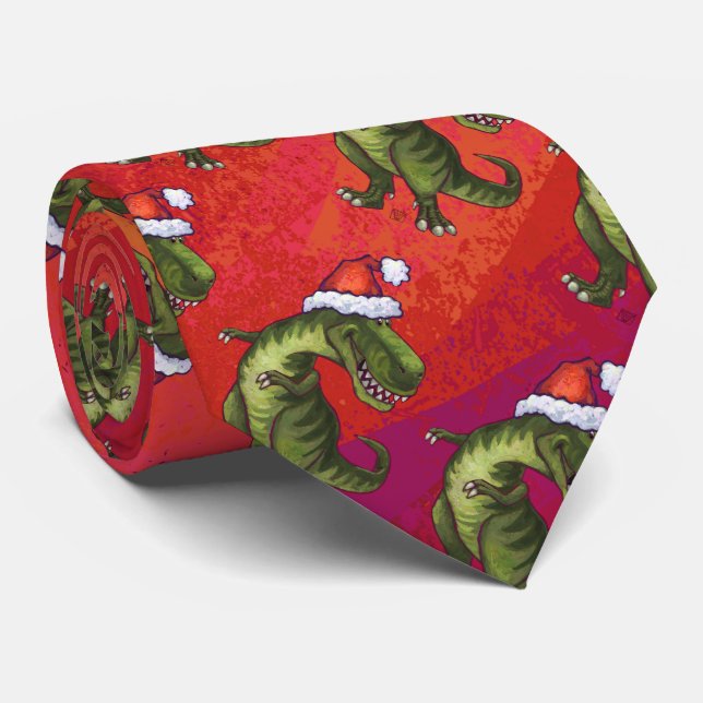 Cravate Motif Fextive TRex Dino sur rouge (Roulé)