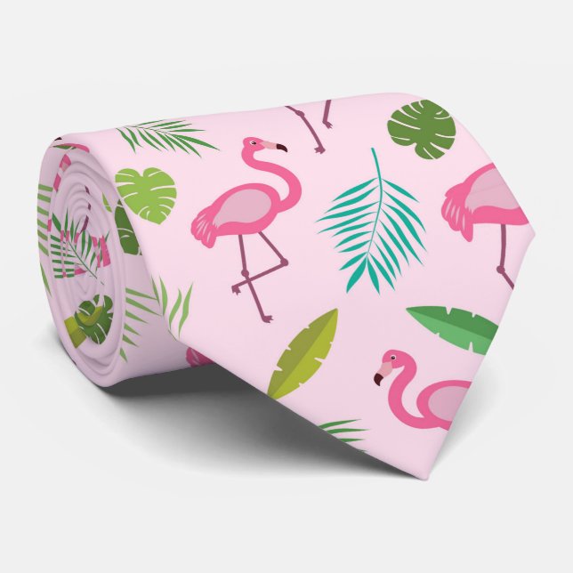 Cravate Motif flamant rose avec feuilles tropicales  (Roulé)