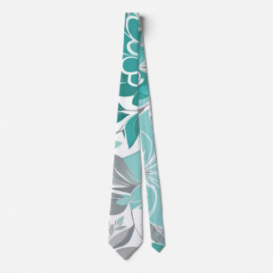 Cravate Motif Floral, Aqua, Turquoise, Turquoise et Gris