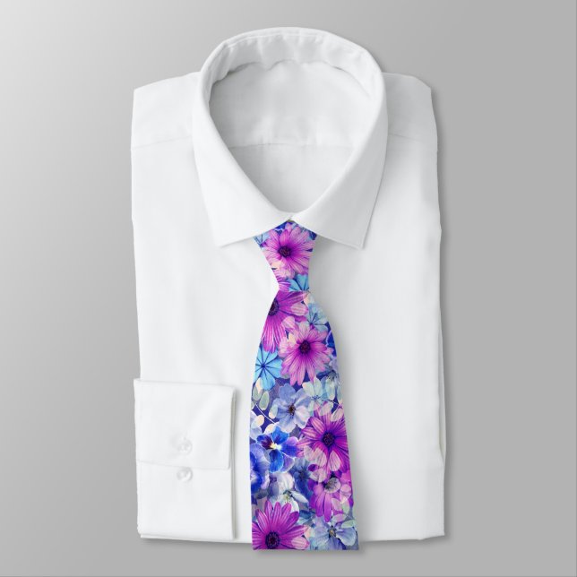 Cravate Motif Floral bleu magenta rose (Attaché)