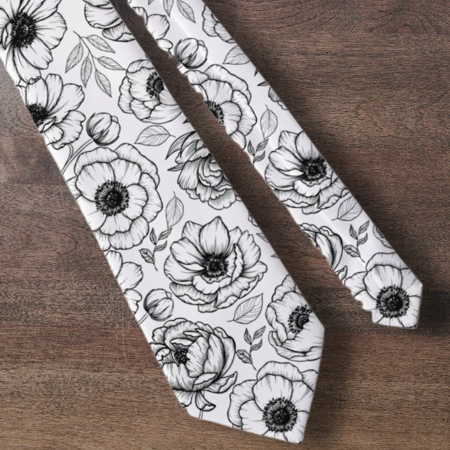 Cravate Motif floral botanique noir blanc (Black White Botanical Floral Pattern neck tie)