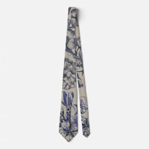 Cravate Motif floral botanique toile bleue vintage antique