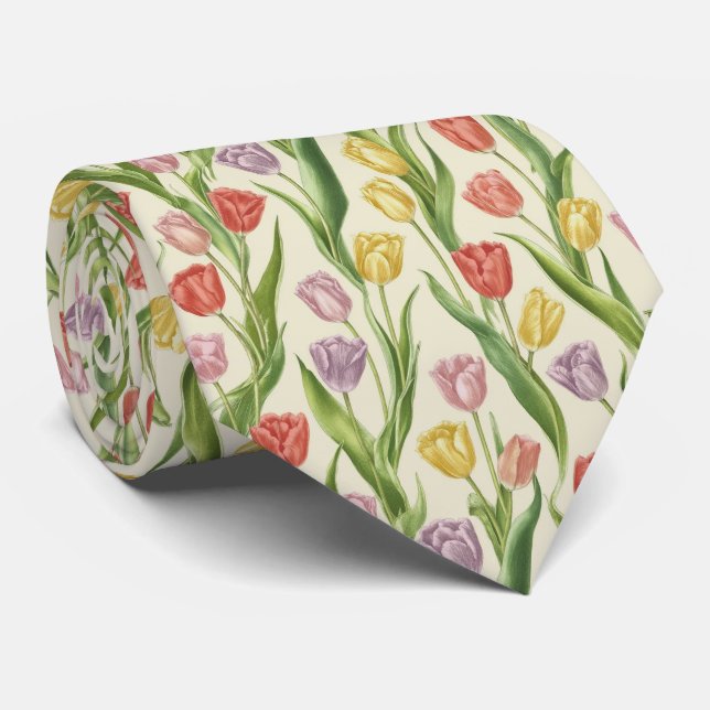 Cravate Motif floral de champ de tulipes printanières (Roulé)