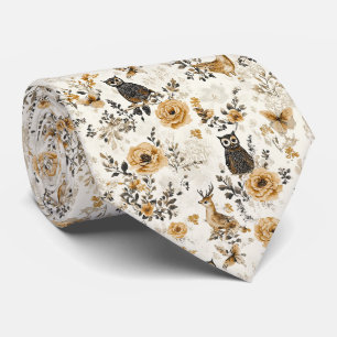Cravate Motif floral de hibou beige de campagne française