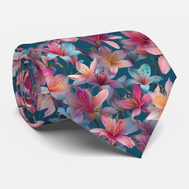 Cravate Motif floral de lys multicolore vibrant (Roulé)