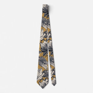 Cravate Motif floral élégant noir et blanc sur fond doré m