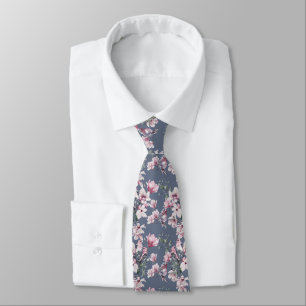 Cravate Motif floral oiseaux stylé rose et bleu