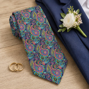 Cravate Motif floral Paisley Rose Rouge Bleu Jaune Rétro