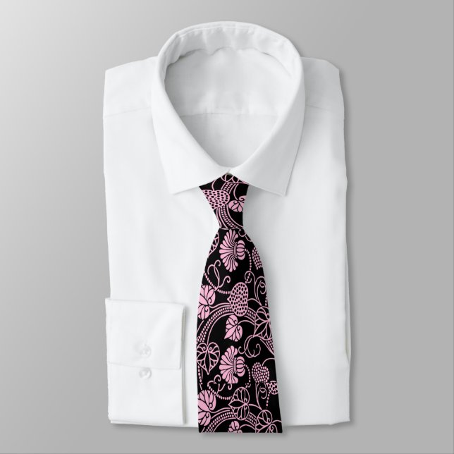 Cravate Motif floral rétro rose sur noir (Attaché)
