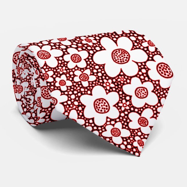 Cravate Motif floral - Rouge, Noir et Blanc (Roulé)