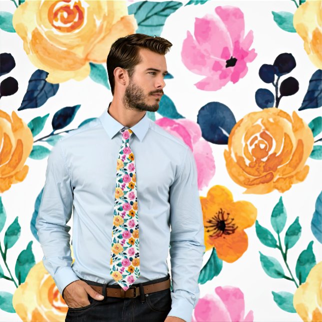 Cravate Motif floral rouge, rose et orange (Man wears colorful floral pattern necktie. Background matches tie.)