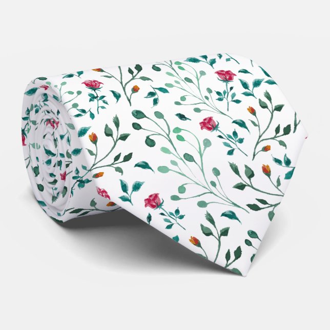 Cravate Motif Floral Rustique & Foliage Vert | MARIAGE (Roulé)