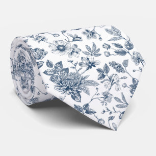 Cravate Motif floral vintage bleu marine Toile-De-Jouy 