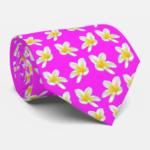 Cravate Motif Frangipani Rose Chaud Et Jaune,