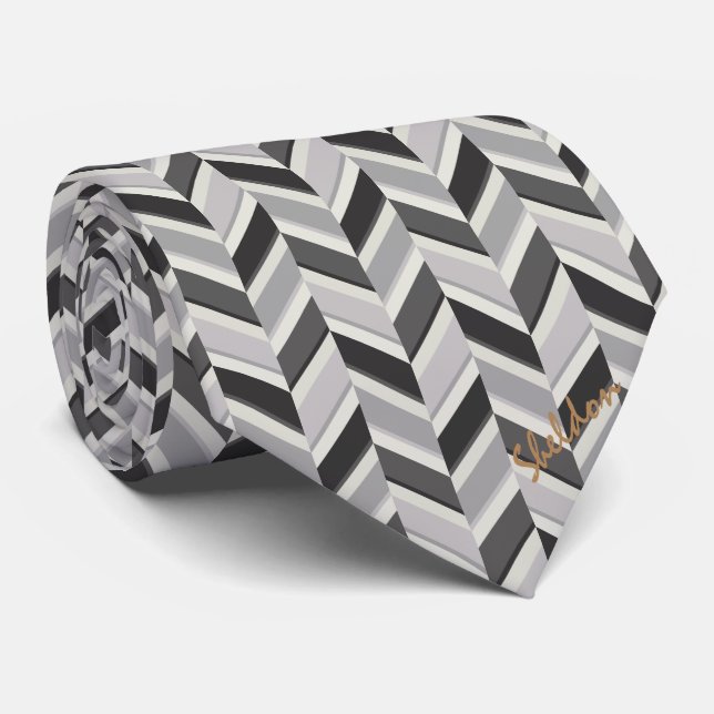 Cravate Motif géométrique chevron gris moderne monogramme (Roulé)