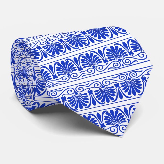 Cravate Motif grec méditerranéen bleu (Roulé)