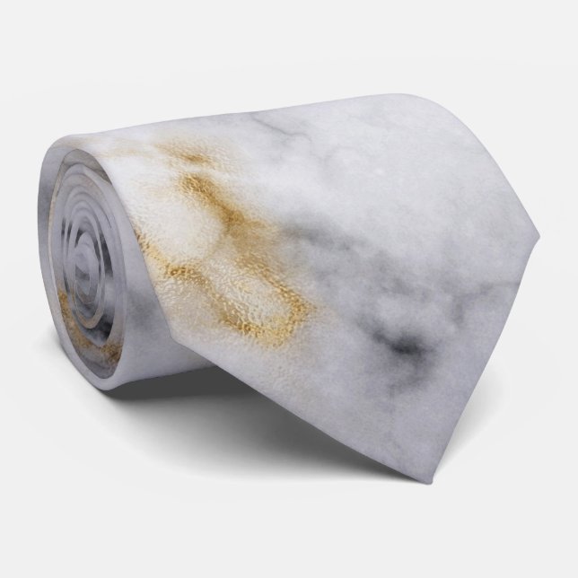 Cravate Motif gris blanc et marbre doré (Roulé)