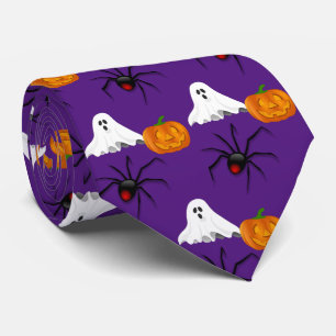Cravate Motif Halloween Violet Fantôme Araignée Citrouille