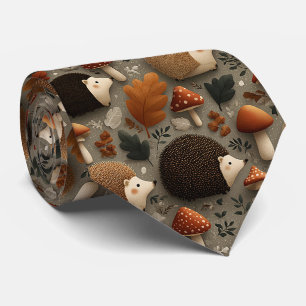 Cravate Motif Hérisson & Champignon Automnal Fantaisiste