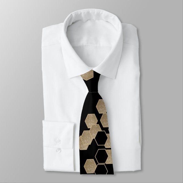 Cravate motif hexagone élégant géométrique noir et or (Attaché)