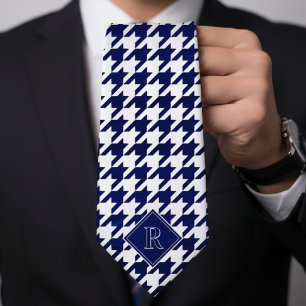 Cravate Motif Houndstooth Monogrammé Blanc & Bois Bleu