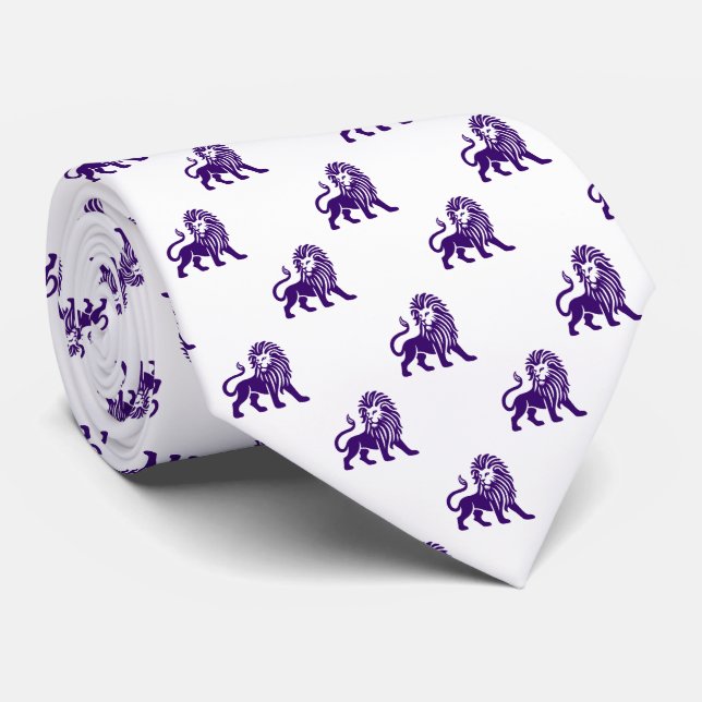 Cravate Motif Lion - Violet foncé sur Blanc (Roulé)