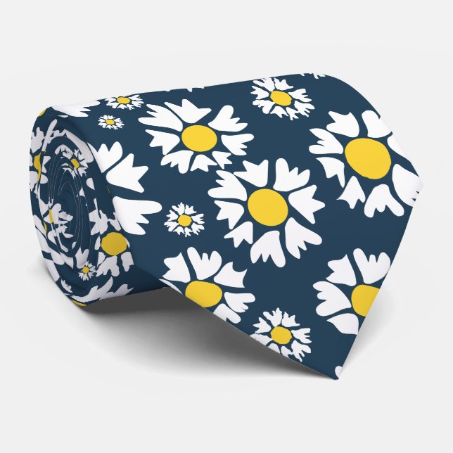 Cravate Motif marguerrier, motif floral, marguerites blanc (Roulé)