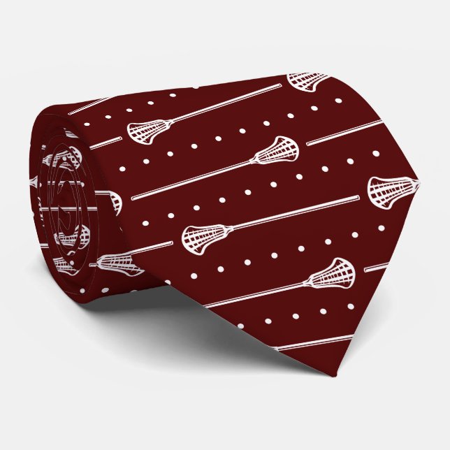 Cravate Motif Maroon Lacrosse bâtons et points blancs (Roulé)