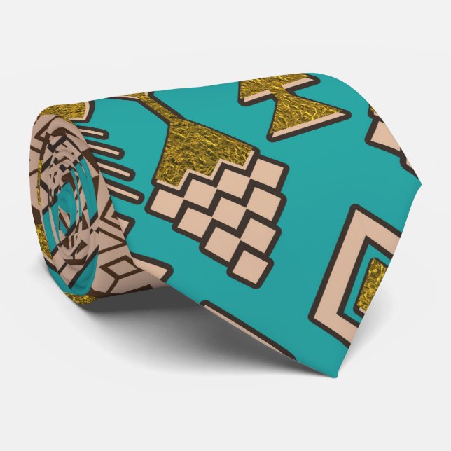 Cravate Motif mexicain de style - sarcelle d'hiver, or et (Roulé)