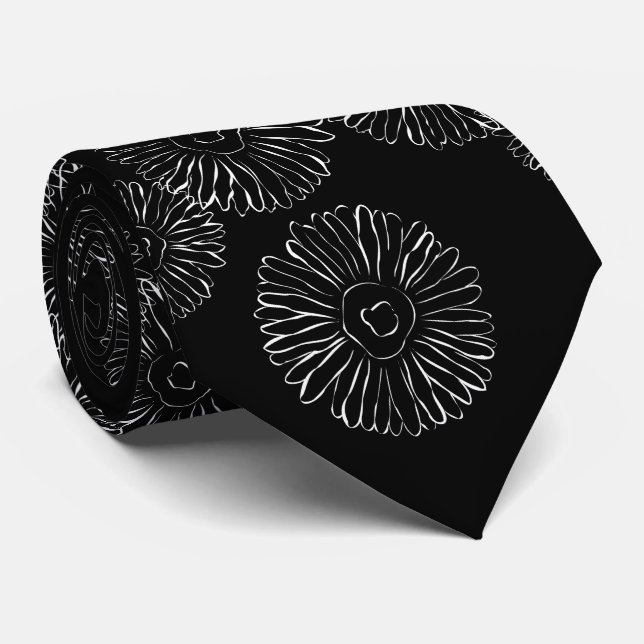 Cravate Motif moderne de marguerite bohème noir et blanc  (Roulé)