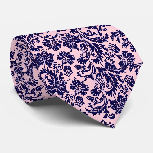 Cravate Motif Navy Blue & Pastel rose Floral Damas (Roulé)