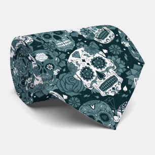 Cravate motif ornemental floral crâne en sucre bleu rétro
