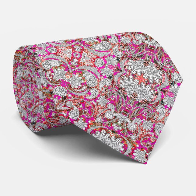 Cravate Motif paisley blanc rose (Roulé)