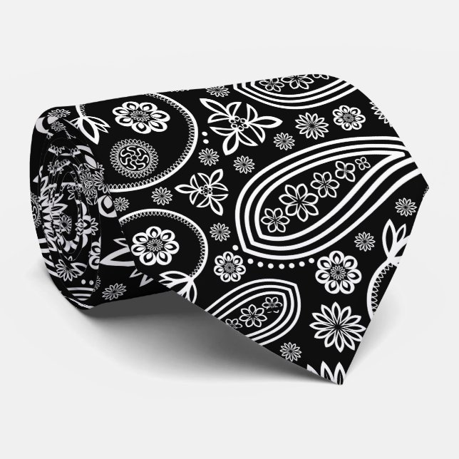 Cravate Motif Paisley, Persian Paisley, noir et blanc (Roulé)