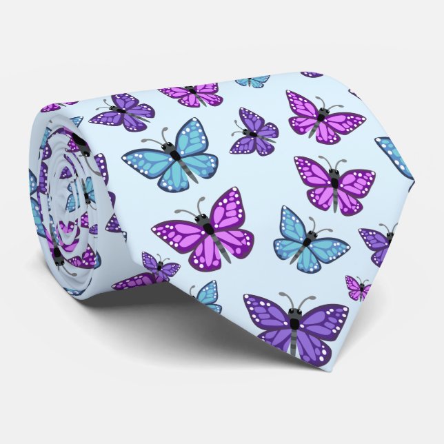 Cravate Motif papillon violet, bleu et rose (Roulé)