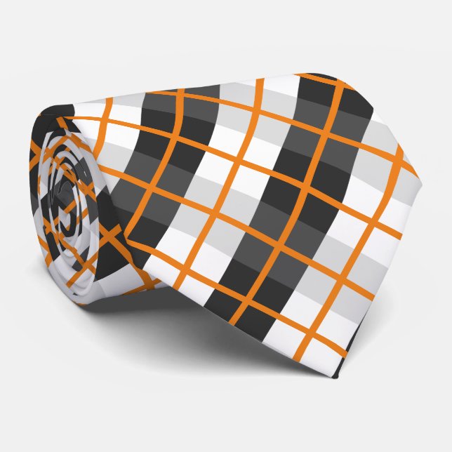 Cravate Motif Plaid noir et blanc rétro orange (Roulé)