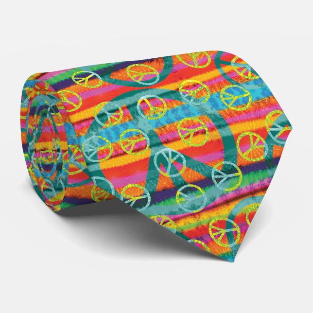 Cravate Motif Retro Tie Dye Peace Signes (Roulé)