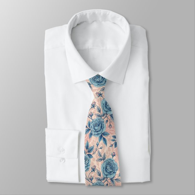 Cravate Motif Rose bleu rétro sur Arrière - plan rose doux (Attaché)