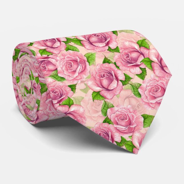 Cravate Motif rose d'aquarelle rose (Roulé)