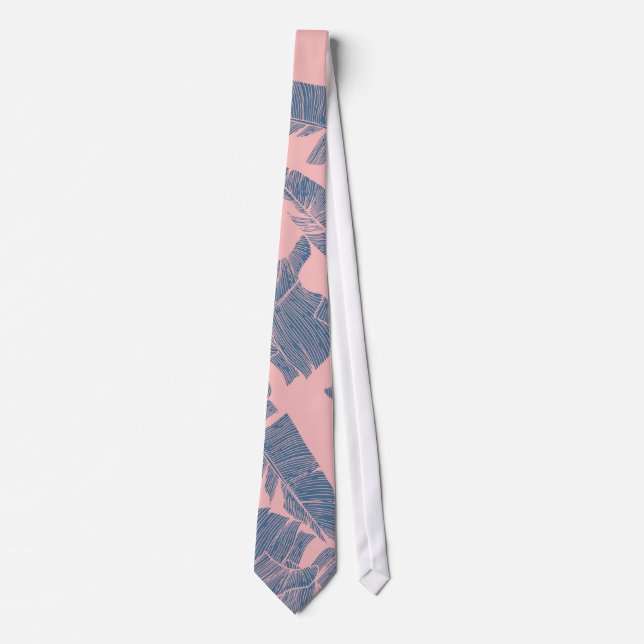 Cravate Motif rose de corail de feuille de banane de bleu (Devant)