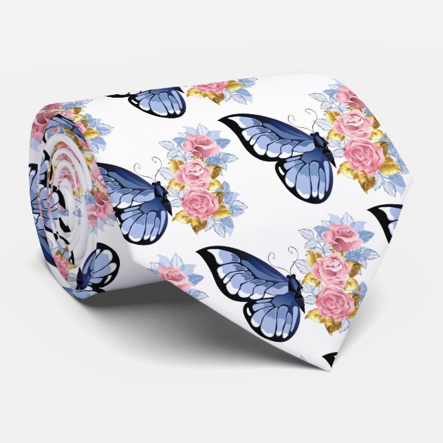 Cravate Motif Rose papillon bleu rose or (Roulé)
