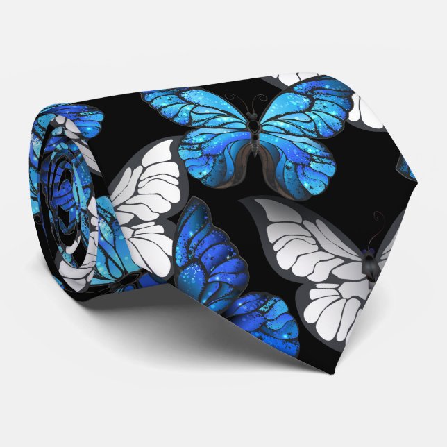 Cravate Motif sans couleur foncée avec papillons bleus Mor (Roulé)