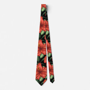 Cravate Motif sans couture Fleurs rouges tropicales feuill