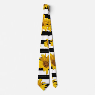 Cravate Motif Sunflower Black White Stripes