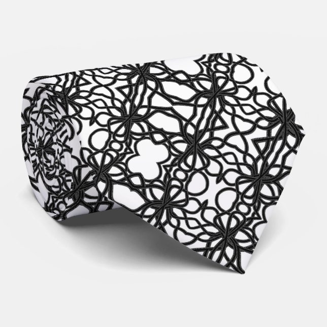 Cravate Motif symétrique incurvé noir sur blanc attaché av (Roulé)